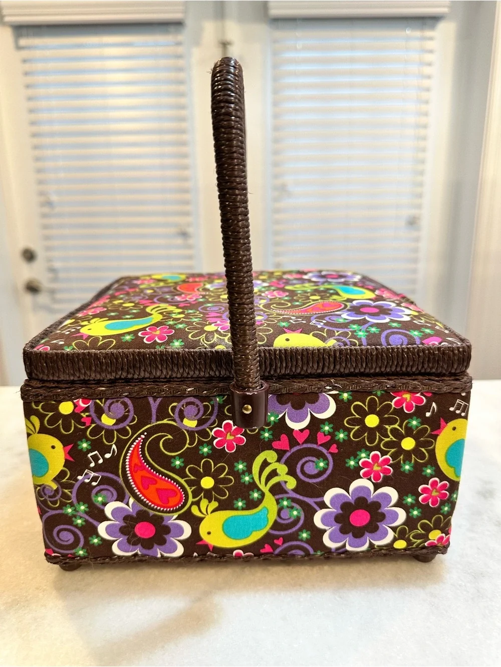 Vintage Colorful Floral Sewing Box/Basket with Tray - Made In Philippines 🇵🇭